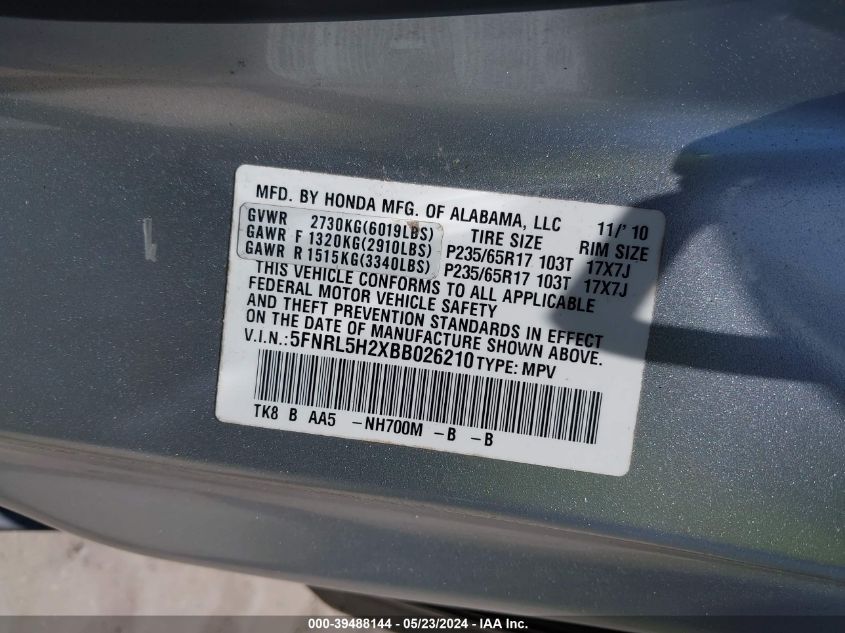 2011 Honda Odyssey Lx VIN: 5FNRL5H2XBB026210 Lot: 39488144