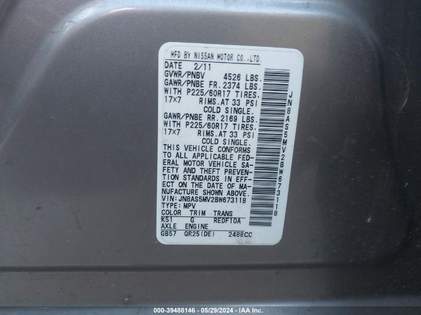 2011 Nissan Rogue Sv VIN: JN8AS5MV2BW673118 Lot: 39488146