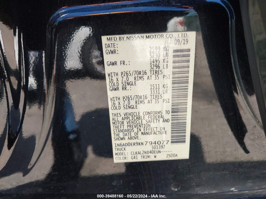 2019 NISSAN FRONTIER SV - 1N6AD0ER9KN794077