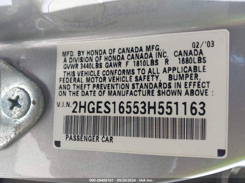 2003 Honda Civic Lx VIN: 2HGES16553H551163 Lot: 39488161