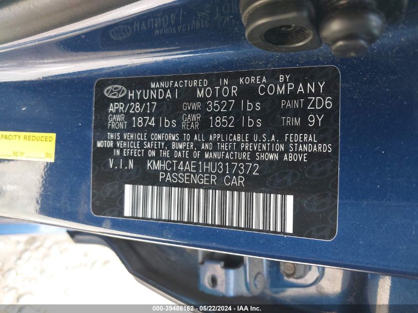 2017 Hyundai Accent Se VIN: KMHCT4AE1HU317372 Lot: 39488162
