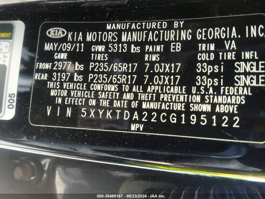 2012 Kia Sorento Lx V6 VIN: 5XYKTDA22CG195122 Lot: 39488167