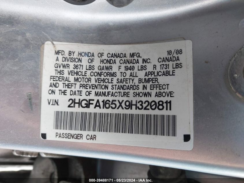 2009 Honda Civic Lx VIN: 2HGFA165X9H320811 Lot: 39488171