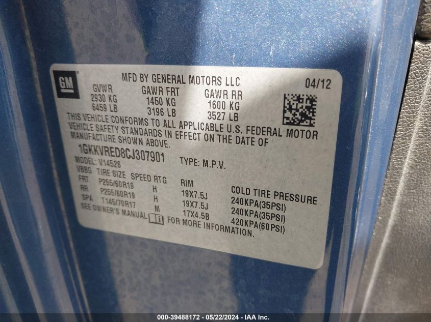 2012 GMC Acadia Slt-1 VIN: 1GKKVRED8CJ307901 Lot: 39488172