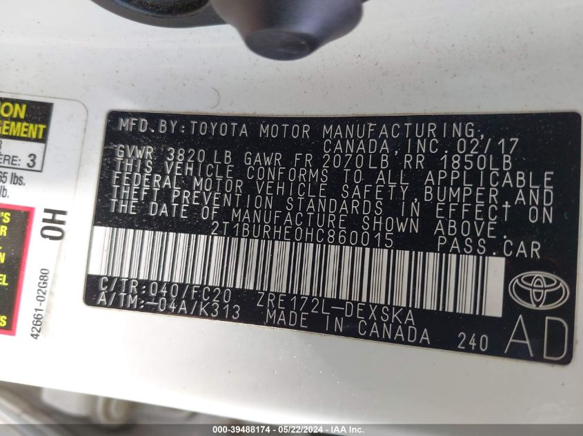 2017 Toyota Corolla Se VIN: 2T1BURHE0HC860015 Lot: 39488174