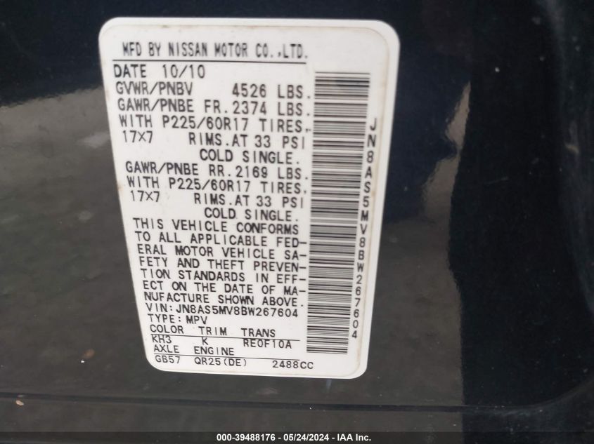 2011 Nissan Rogue Sv VIN: JN8AS5MV8BW267604 Lot: 39488176