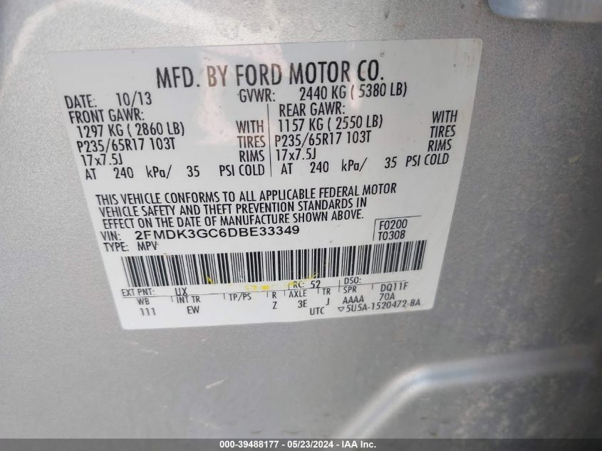 2013 Ford Edge Se VIN: 2FMDK3GC6DBE33349 Lot: 39488177