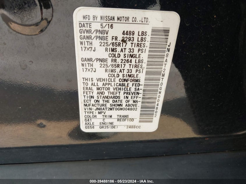 2016 Nissan Rogue Sv VIN: JN8AT2MT0GW004802 Lot: 39488186