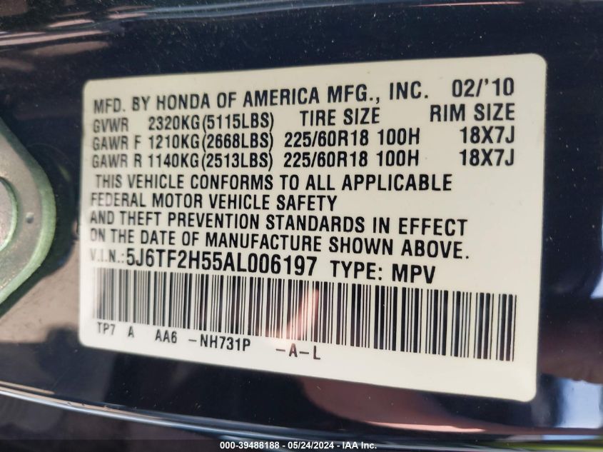 2010 Honda Accord Crosstour Ex-L VIN: 5J6TF2H55AL006197 Lot: 39488188