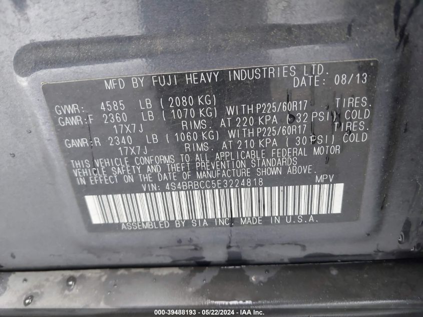 2014 Subaru Outback 2.5I Premium VIN: 4S4BRBCC5E3224818 Lot: 39488193