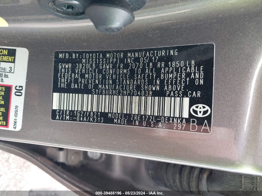 2017 Toyota Corolla Le VIN: 5YFBURHE2HP704039 Lot: 39488196