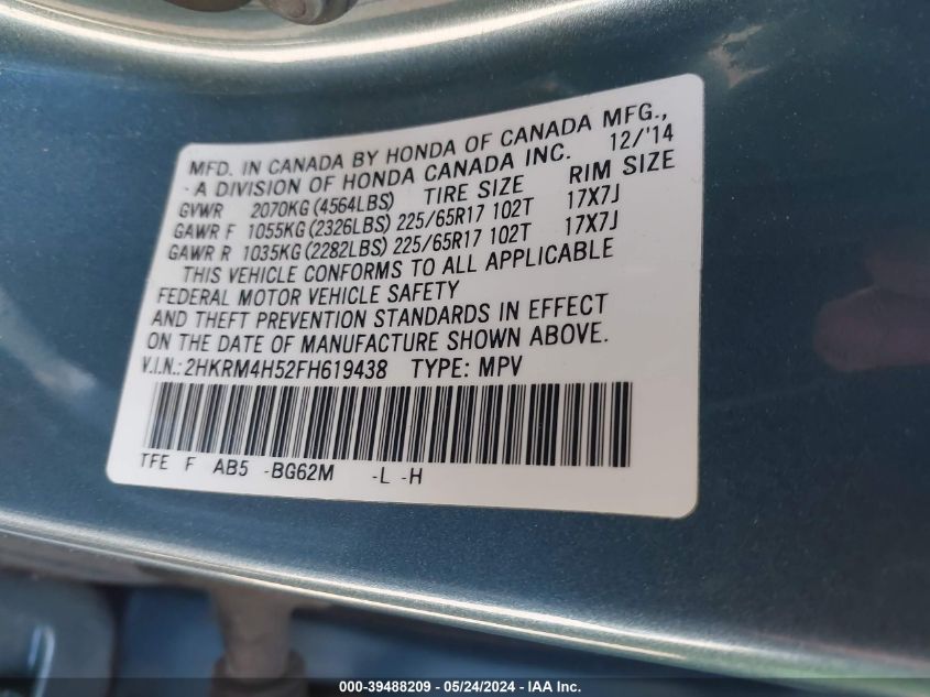 2015 Honda Cr-V Ex VIN: 2HKRM4H52FH619438 Lot: 39488209