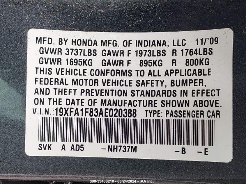 2010 Honda Civic Ex VIN: 19XFA1F83AE020388 Lot: 39488210