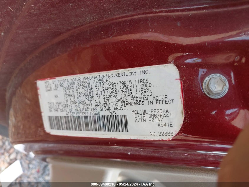 2003 Toyota Sienna Ce VIN: 4T3ZF19C73U512668 Lot: 39488216