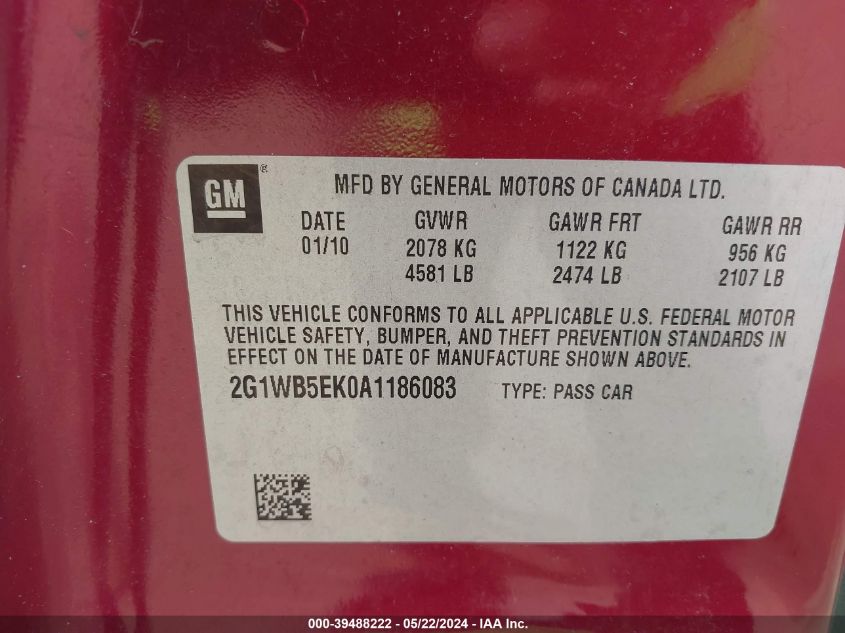 2010 Chevrolet Impala Lt VIN: 2G1WB5EK0A1186083 Lot: 39488222