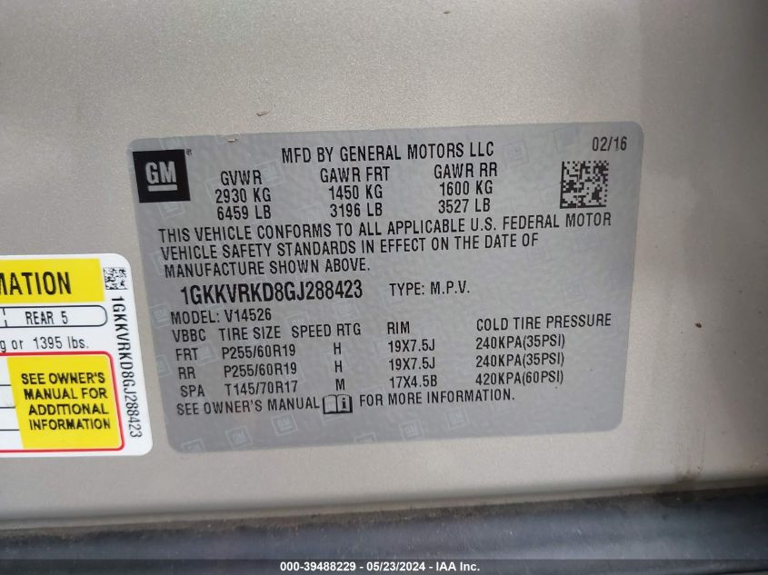 2016 GMC Acadia Slt-1 VIN: 1GKKVRKD8GJ288423 Lot: 39488229
