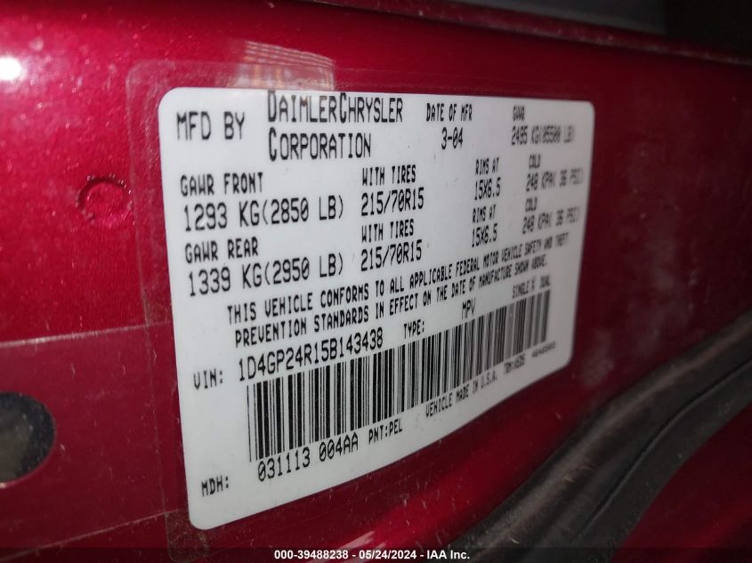 2005 Dodge Grand Caravan Se VIN: 1D4GP24R15B143438 Lot: 39488238