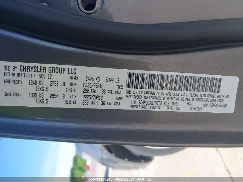 2013 Dodge Journey American Value Pkg VIN: 3C4PDCAB1DT581649 Lot: 39488243