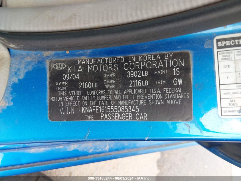 2005 Kia Spectra5 VIN: KNAFE161555085345 Lot: 39488244