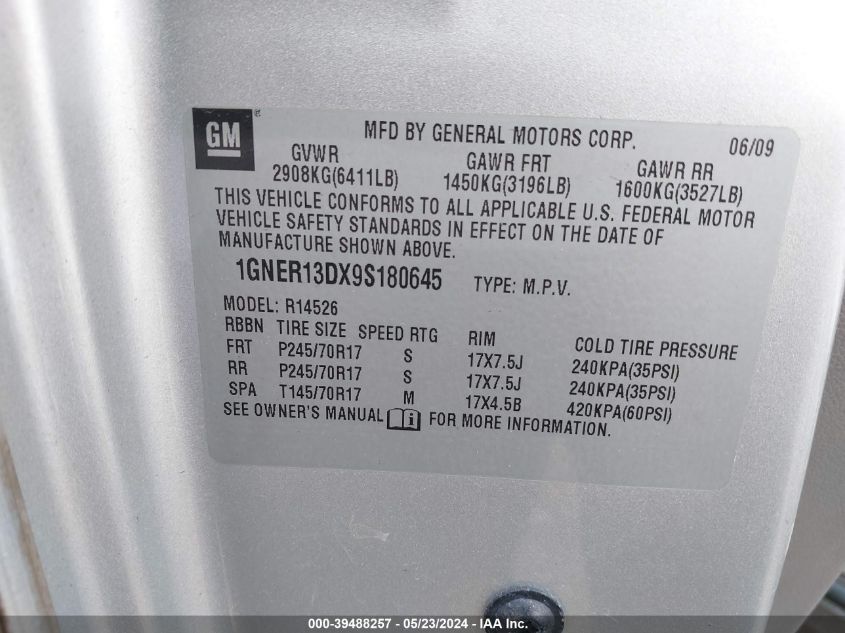 2009 Chevrolet Traverse Ls VIN: 1GNER13DX9S180645 Lot: 39488257