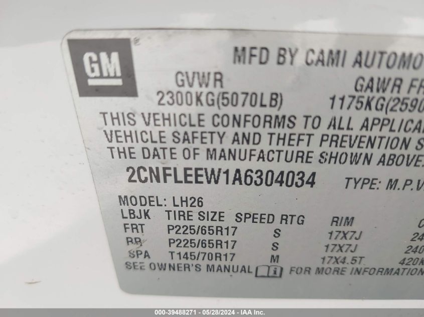 2010 Chevrolet Equinox Lt VIN: 2CNFLEEW1A6304034 Lot: 39488271