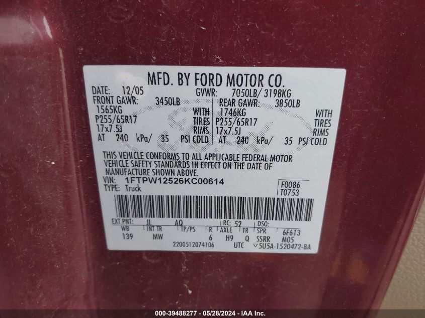 2006 Ford F-150 Lariat/Xlt VIN: 1FTPW12526KC00614 Lot: 39488277