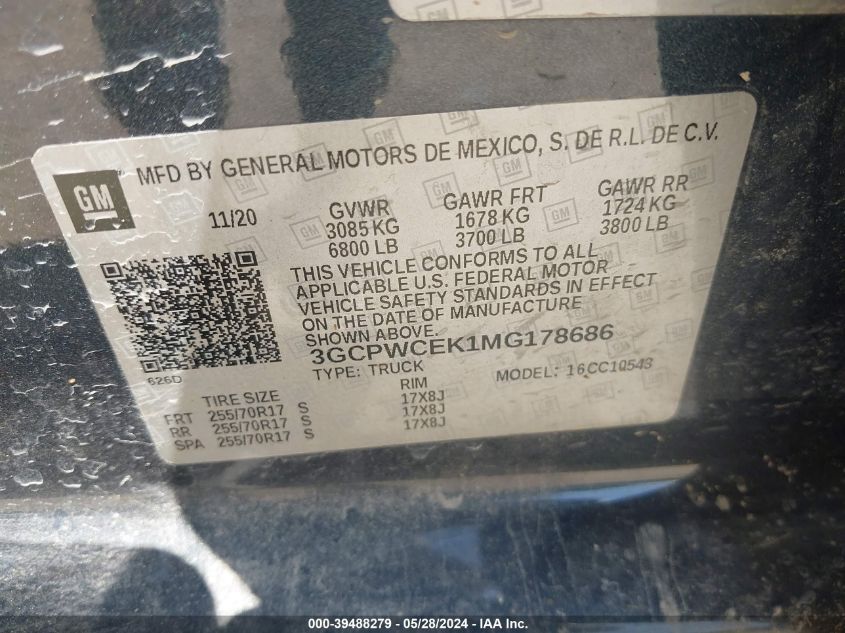 2021 Chevrolet Silverado 1500 2Wd Short Bed Lt VIN: 3GCPWCEK1MG178686 Lot: 39488279