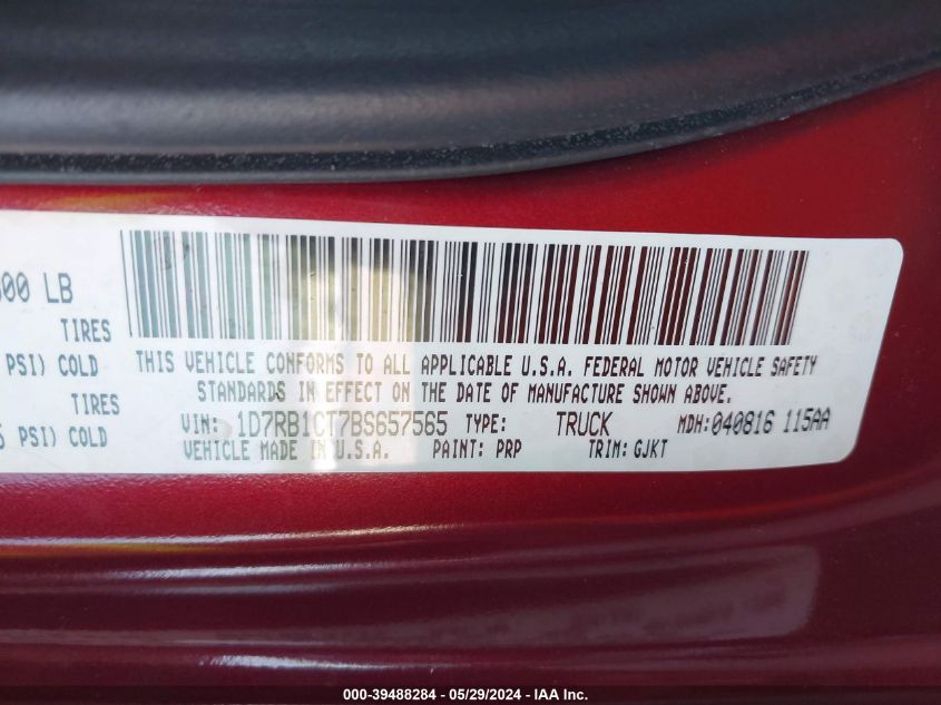 2011 Ram Ram 1500 Laramie VIN: 1D7RB1CT7BS657565 Lot: 39488284