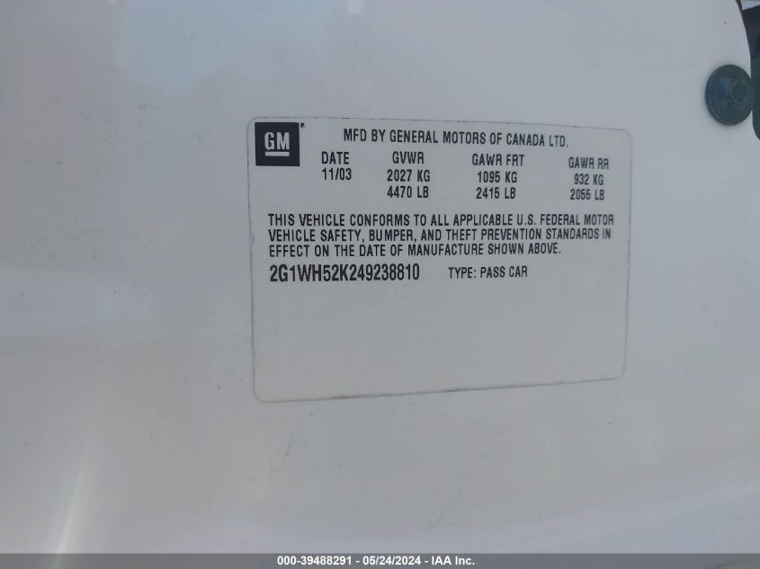 2004 Chevrolet Impala Ls VIN: 2G1WH52K249238810 Lot: 39488291