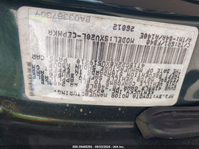 1999 Toyota Camry Le VIN: 4T1BG22K0XU519210 Lot: 39488292