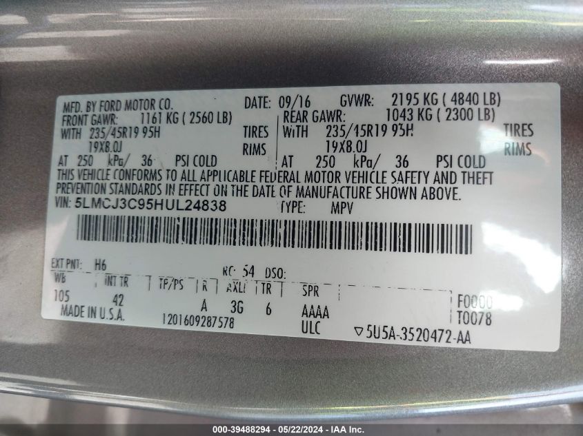 2017 Lincoln Mkc Reserve VIN: 5LMCJ3C95HUL24838 Lot: 39488294