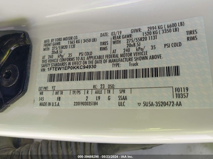 2019 Ford F-150 Xlt VIN: 1FTEW1EP0KKC94930 Lot: 39488295