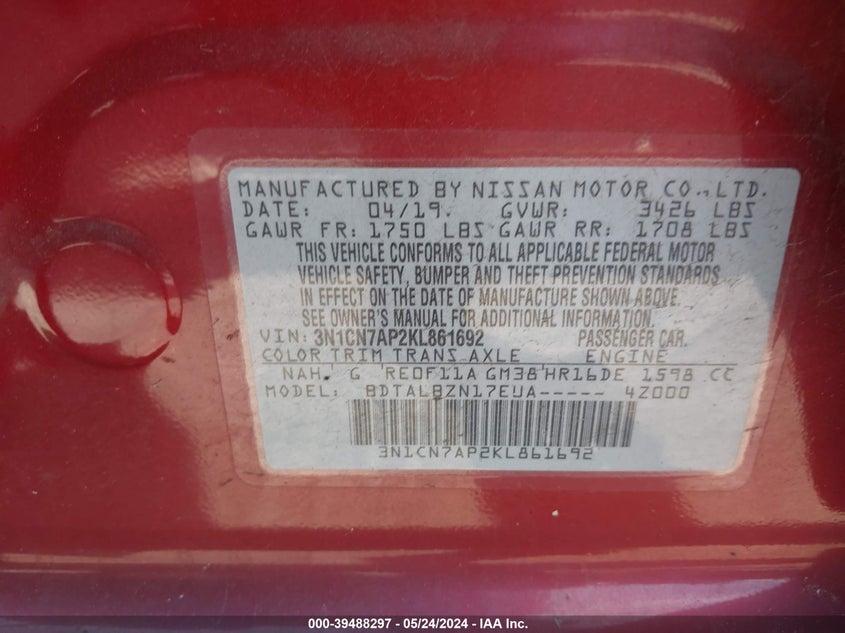 2019 Nissan Versa 1.6 Sv VIN: 3N1CN7AP2KL861692 Lot: 39488297