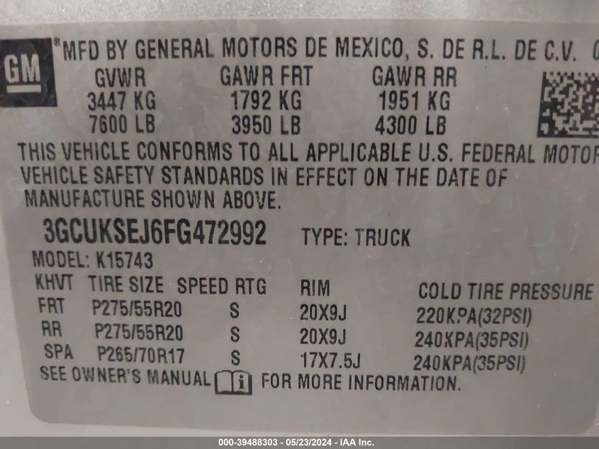 2015 Chevrolet Silverado 1500 1Lz VIN: 3GCUKSEJ6FG472992 Lot: 39488303