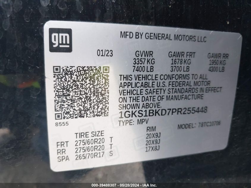 2023 GMC Yukon Slt VIN: 1GKS1BKD7PR255448 Lot: 39488307