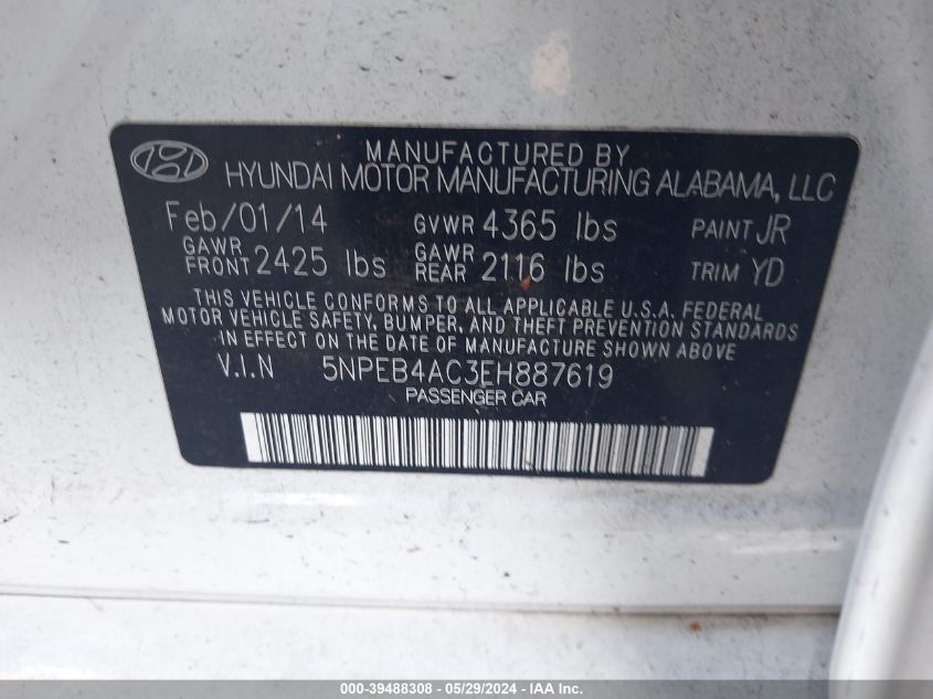 2014 Hyundai Sonata Gls VIN: 5NPEB4AC3EH887619 Lot: 39488308