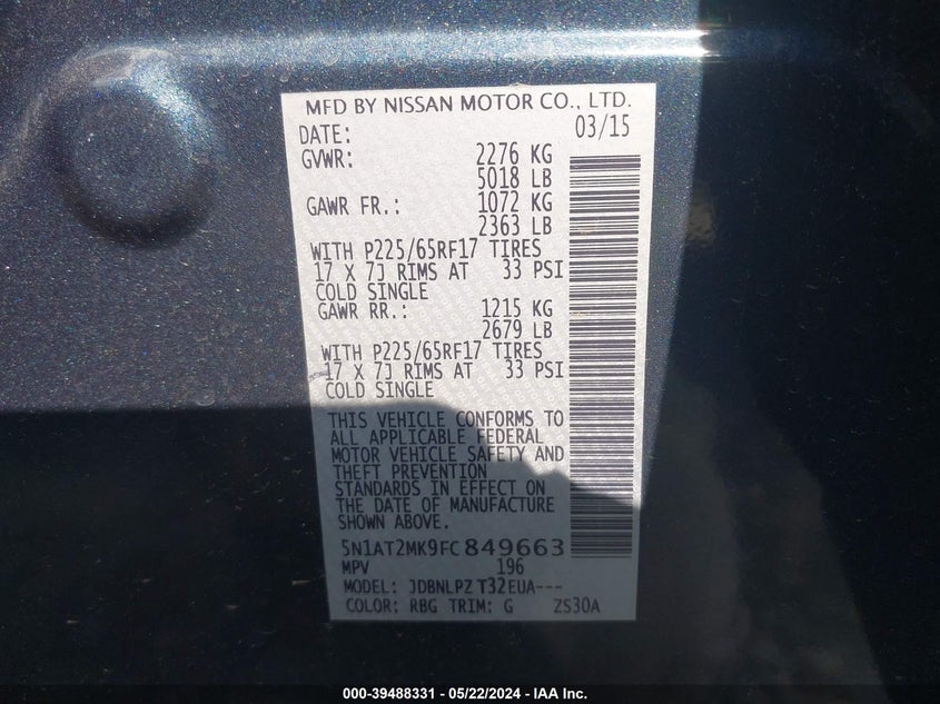 2015 Nissan Rogue S VIN: 5N1AT2MK9FC849663 Lot: 39488331