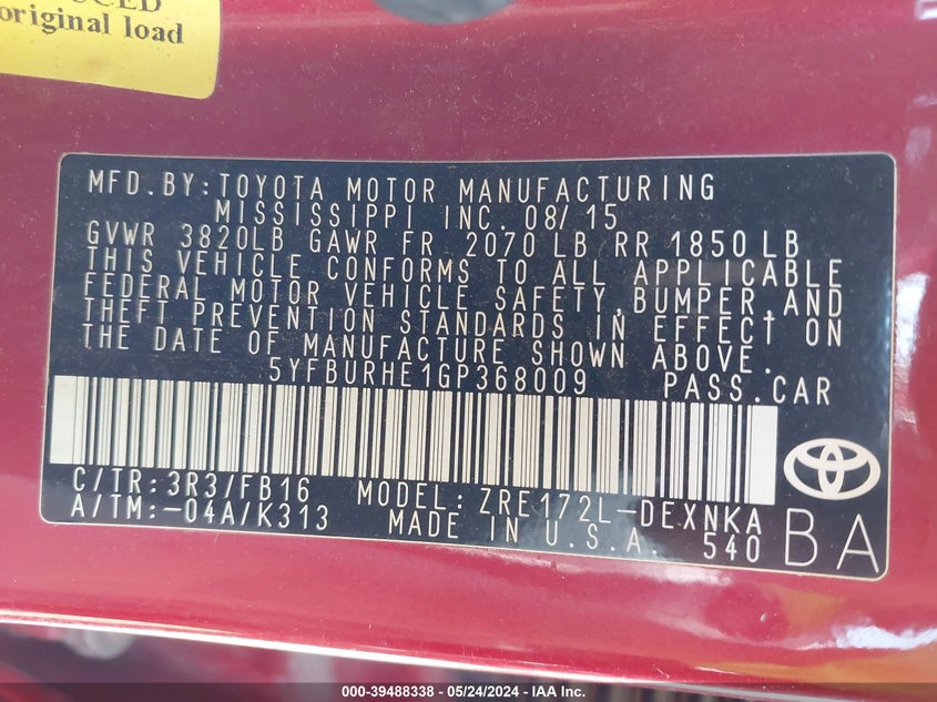 2016 TOYOTA COROLLA LE - 5YFBURHE1GP368009