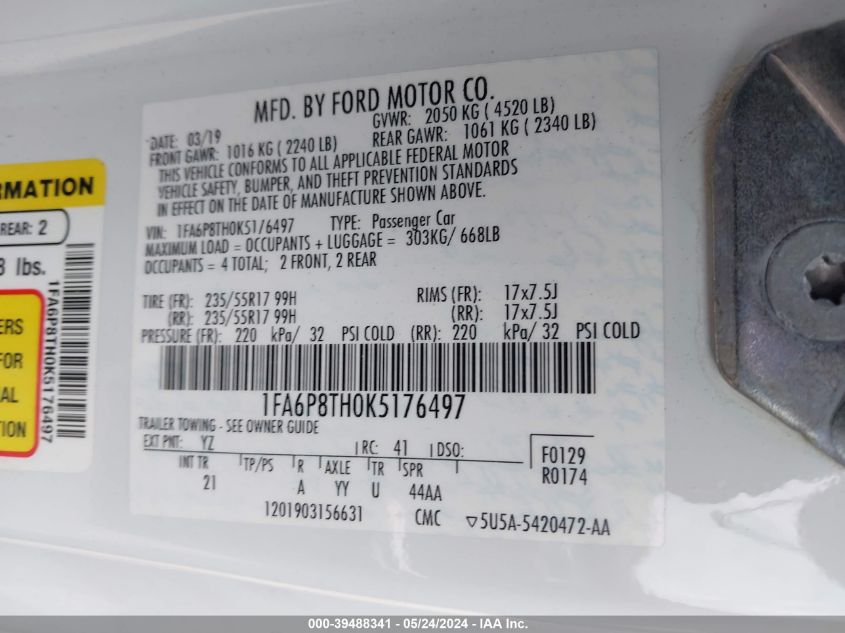 2019 Ford Mustang Ecoboost VIN: 1FA6P8TH0K5176497 Lot: 39488341
