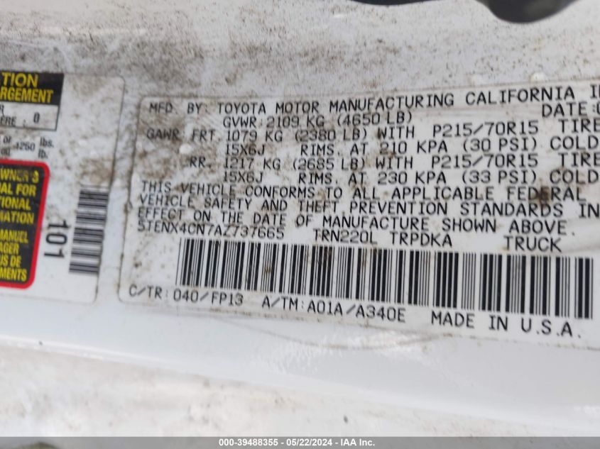 2010 Toyota Tacoma VIN: 5TENX4CN7AZ737665 Lot: 39488355