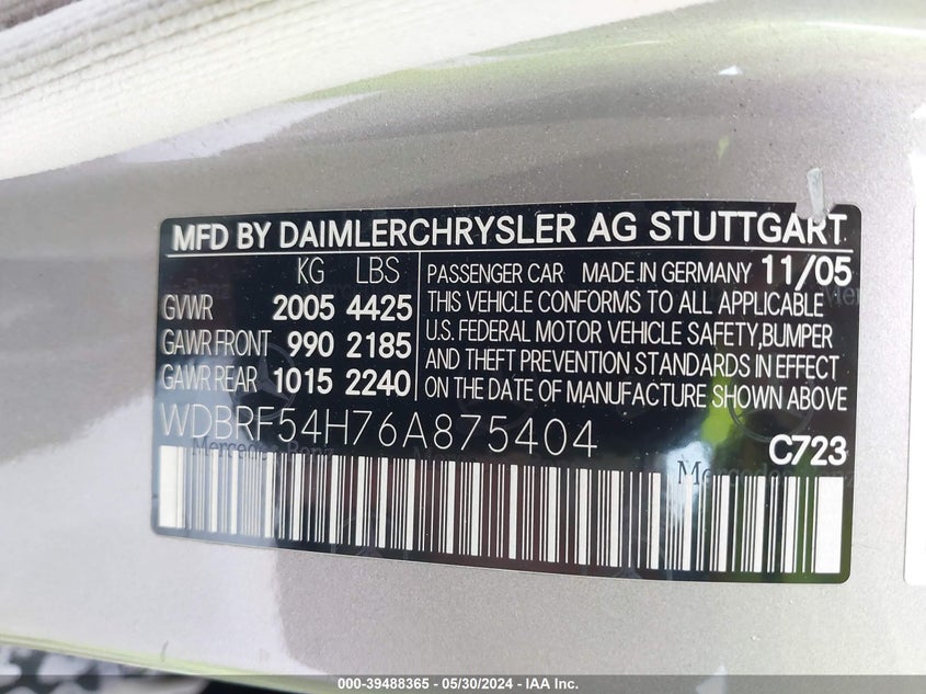 2006 Mercedes-Benz C 280 Luxury VIN: WDBRF54H76A875404 Lot: 39488365