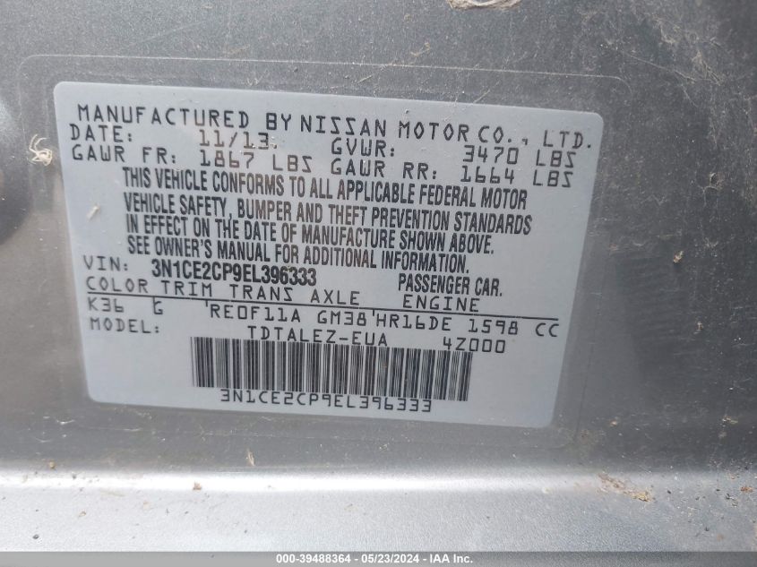 3N1CE2CP9EL396333 | 2014 NISSAN VERSA NOTE