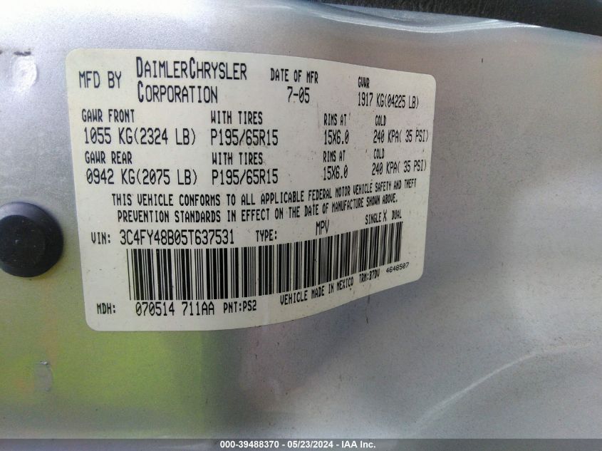 2005 Chrysler Pt Cruiser VIN: 3C4FY48B05T637531 Lot: 39488370