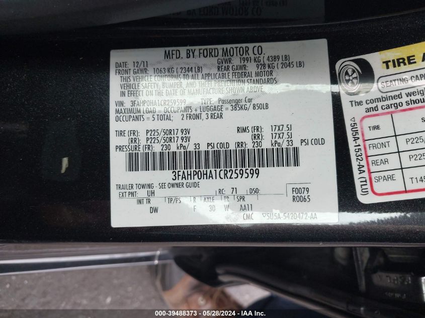 2012 Ford Fusion Se VIN: 3FAHP0HA1CR259599 Lot: 39488373