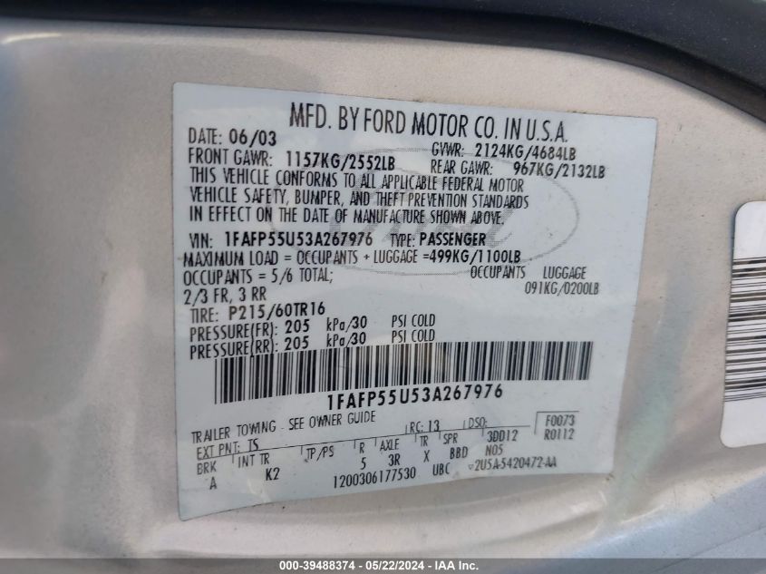 1FAFP55U53A267976 2003 Ford Taurus Ses