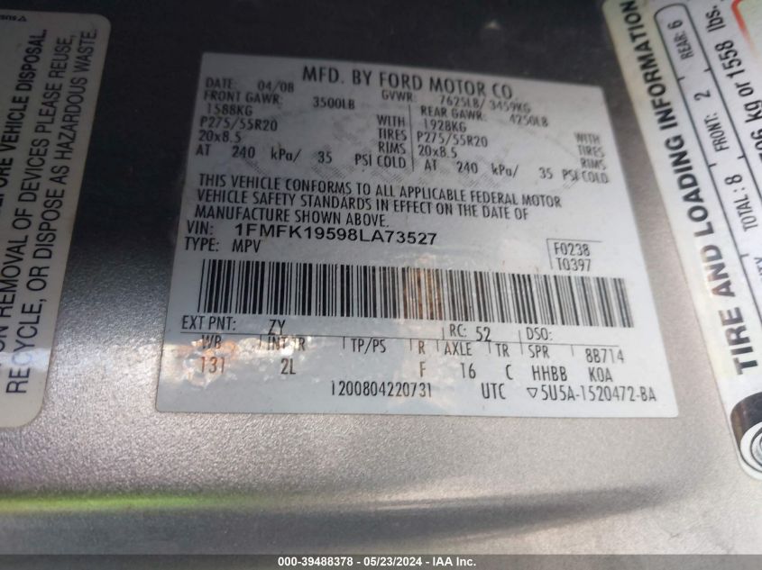 2008 Ford Expedition El Limited VIN: 1FMFK19598LA73527 Lot: 39488378