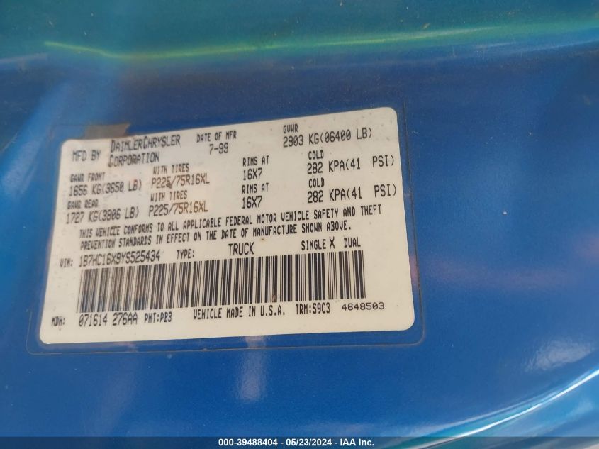 2000 Dodge Ram 1500 VIN: 1B7HC16X9YS525434 Lot: 39488404