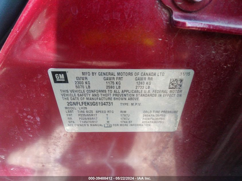 2016 Chevrolet Equinox Lt VIN: 2GNFLFEK9G6194731 Lot: 39488412