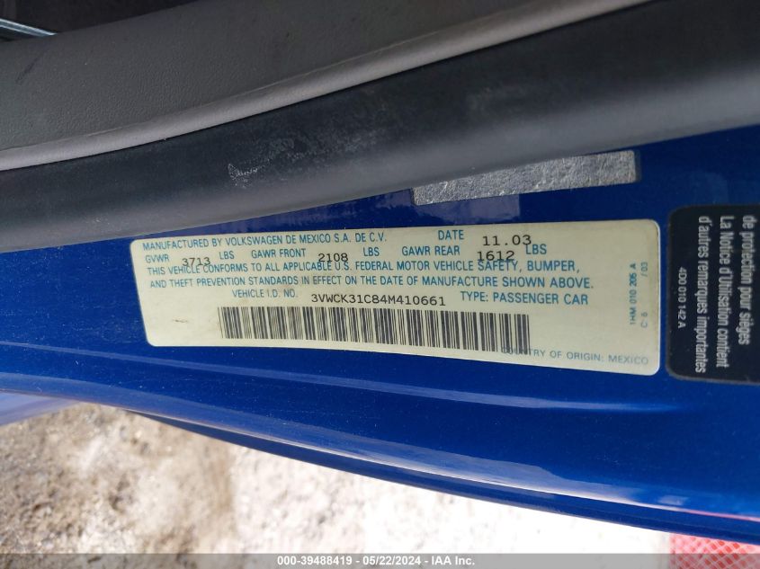 2004 Volkswagen New Beetle Gls 2.0L VIN: 3VWCK31C84M410661 Lot: 39488419