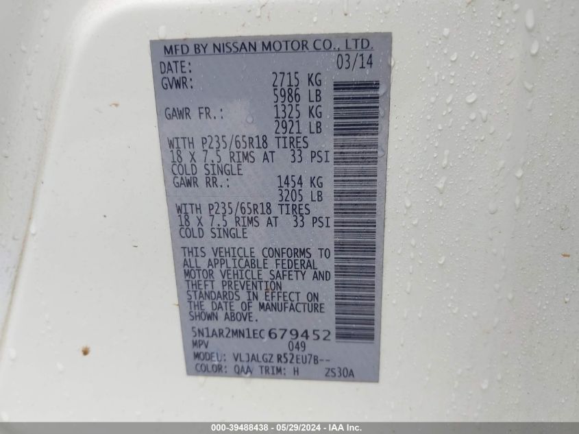 2014 Nissan Pathfinder Sl VIN: 5N1AR2MN1EC679452 Lot: 39488438